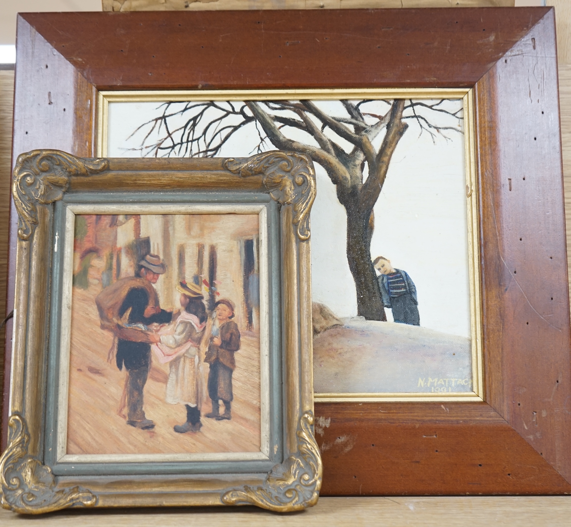 Two oils on board, Figural studies, one signed N. Mattac?, largest 23 x 28cm. Condition - fair, some paint chips